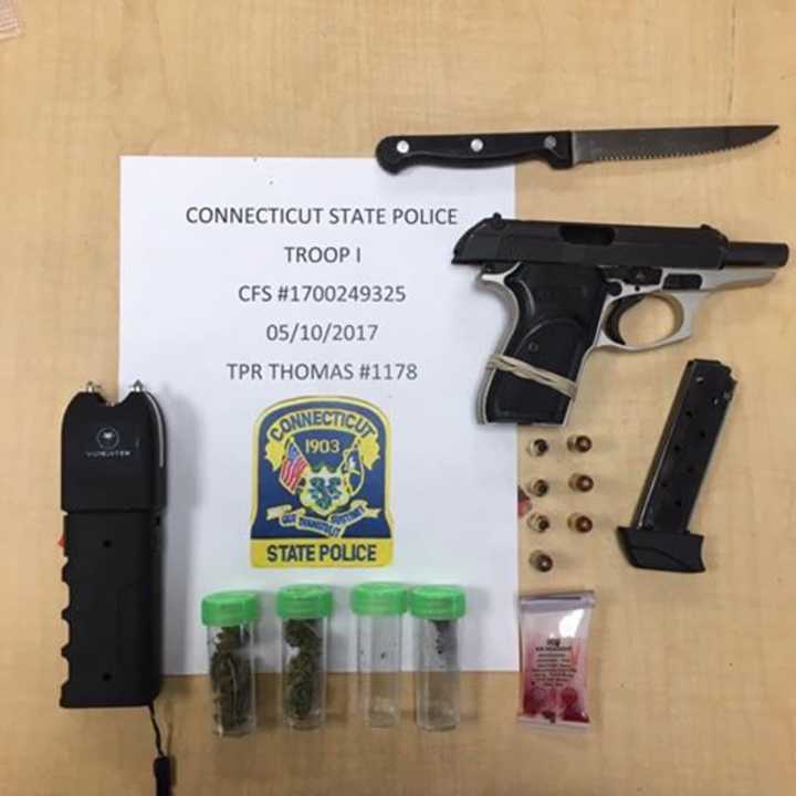 A 20-year-old Bridgeport man was found with a loaded .380 Special pistol with one round in the chamber and seven additional rounds, a taser, less than half an ounce of marijuana and a steak knife during a stop on the parkway, police said.