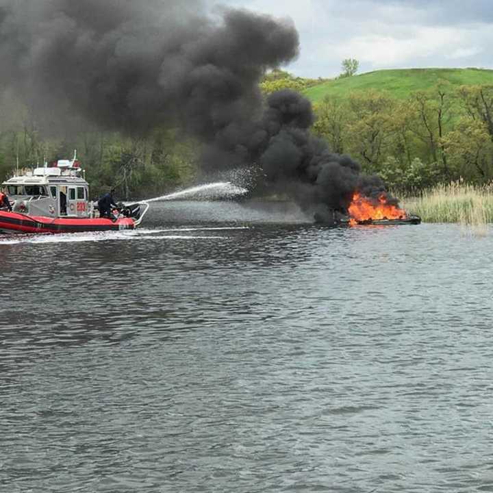 A 29-foot boat is destroyed by fire Tuesday in the Housatonic River near Sikorsky.