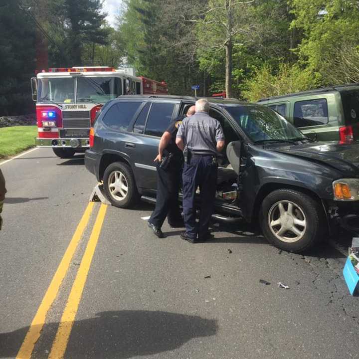 Crews from the the Stony Hill Volunteer Company are on the scene of a two-vehicle crash Saturday at Old Hawleyville Road near Kristy Drive in Bethel.