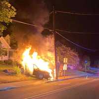 <p>Flames singed the pole and a resident&#x27;s lawn.</p>