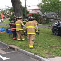 <p>The Sound Beach Volunteer Fire Department responds to a crash on Sunday.</p>