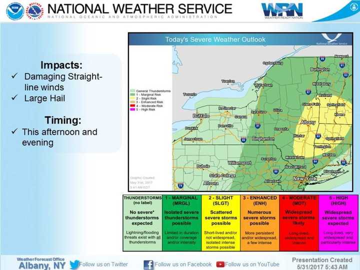 The area in green has a marginal chance of severe thunderstorms, and the area in yellow a slight chance.