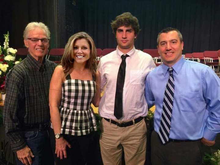 FROM LEFT: Eric Ayala Memorial Foundation committee members Coach Stan Woods and Wendy Woods Inserra, Scholarship recipient Josh Lewis, committee member Mark Peirano.