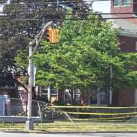 <p>Signs of the crash remained at the Washington School in Saddle Brook.</p>