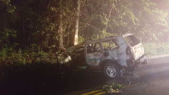 A driver was burned after his vehicle burst into flames following an crash.