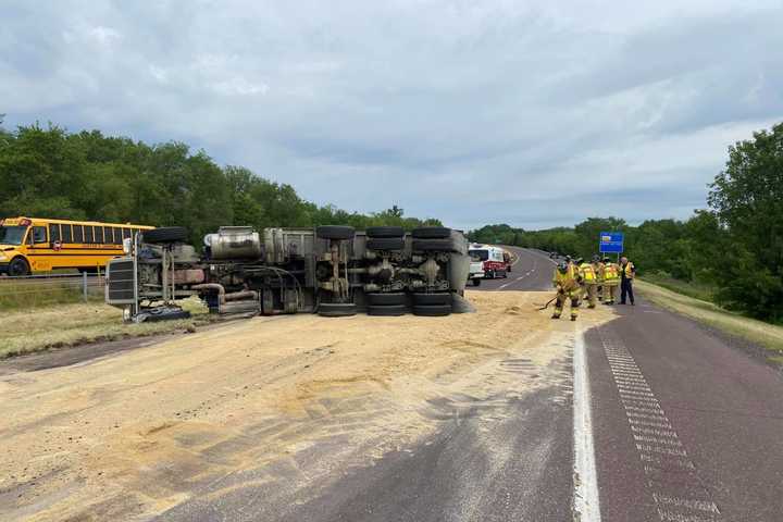 Overturned Dump Truck Causes Sand Spill On Route 422 In MontCo