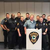 <p>Officer Tommy Donnelly gathers with fellow officers to say goodbye to the Ramapo Police Department.</p>