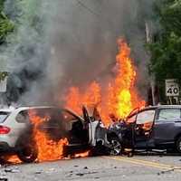 <p>The BMW (left) crossed the double-yellow line on Paramus Road and slammed head-on into the Honda, authorities said.</p>