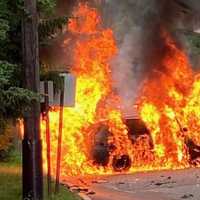 <p>The SUVs burst into flames following the Paramus Road crash.</p>