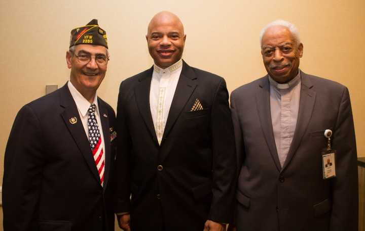 Vito Pinto, former director, Westchester County Office of Veterans Affairs, keynote speaker Reverend (Major) Anthony S. Montague, US Army, Retired and Rev. Ervin R. Graves at the sixth annual Veterans Breakfast