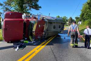 Oil Tanker Truck Rollsover, Spilling Oil Onto Rt. 74 In York After Hitting Utility Pole