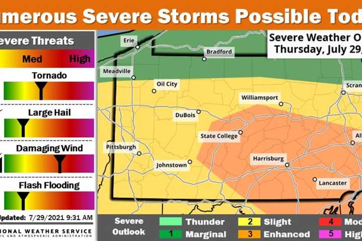 National Weather Service Issues Tornado Watch In 21 Pennsylvania Counties