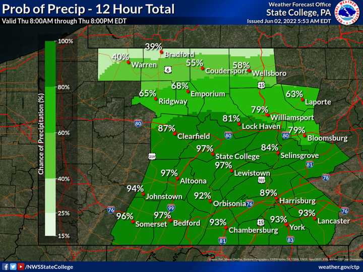 Weather map of probable precipitation in Pennsylvania.