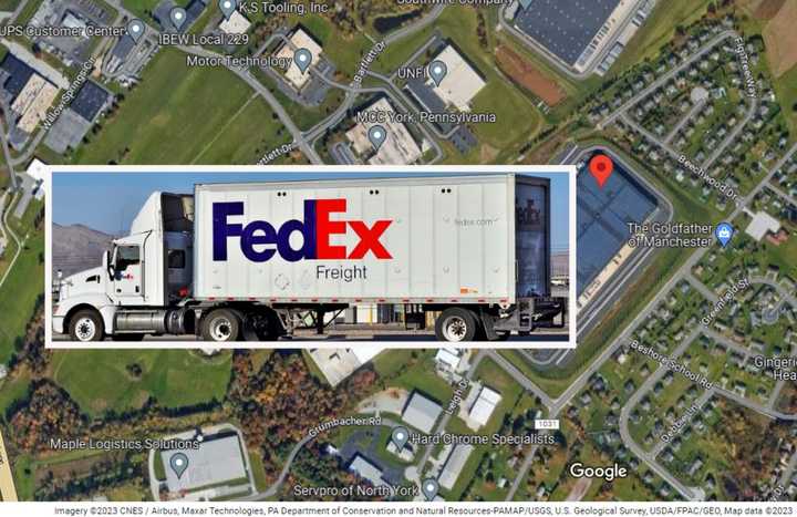 A map showing the local FedEx facility that is scheduled to close and a FedEx tractor-trailer.