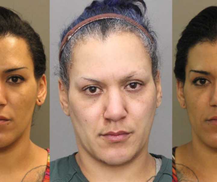 Tiffani Chanel Bogroff's mugshot in New Jersey (center) and her previous mugshot in Pennsylvania where she made a most wanted list after moving to NJ, leaving her child behind in a cluttered house without heat, gas, or water.