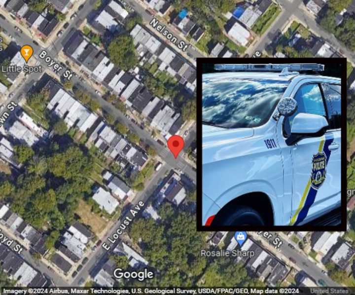 The 900 block of Locust Avenue in Andalusia, Philadelphia where a teen was shot, and a Philadelphia Police Department vehicle.&nbsp;