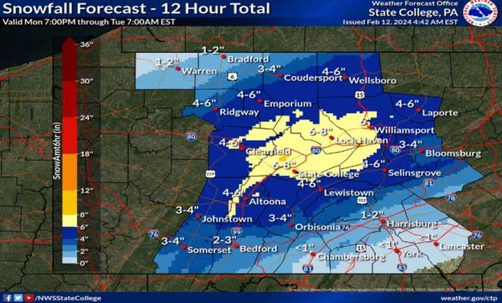 The National Weather Service Map of the possible snow in Central Pennsylvania from Feb. 11 through Feb. 12.&nbsp;