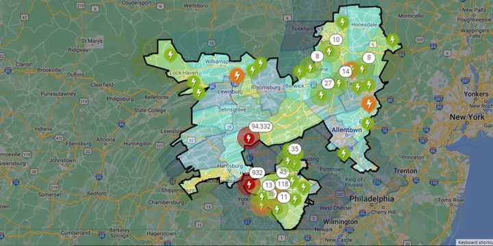 A map showing over 94,000 PPL customers without power in Central Pennsylvania.