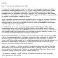 <p>A letter to families from the school after two students were identified among the five family members killed in a house fire.&nbsp;</p>