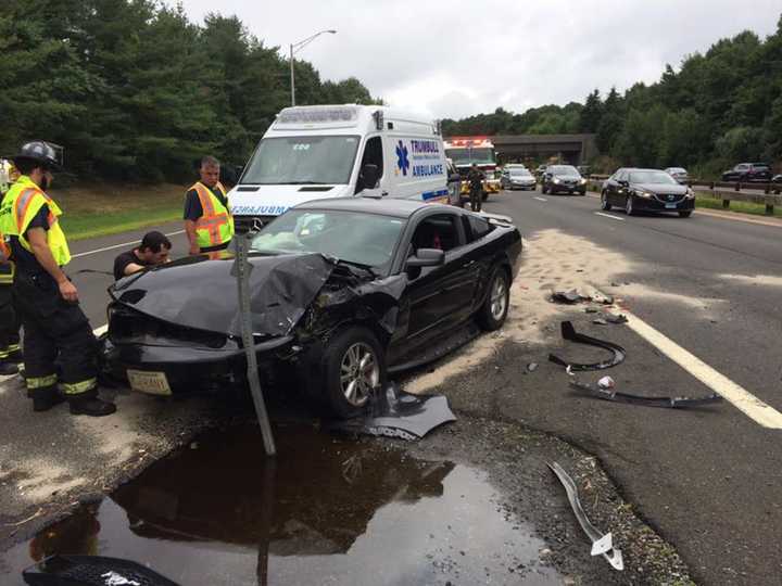 Nichols Fire Department crews respond to a two-car crash on the northbound Merritt on Saturday.