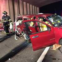 <p>A one-car rollover blocks the northbound Merritt Parkway near Exit 48 in Trumbull late Saturday.</p>