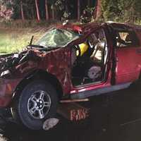 <p>A one-car rollover blocks the northbound Merritt Parkway near Exit 48 in Trumbull late Saturday.</p>