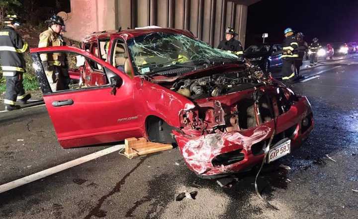 A one-car rollover blocks the northbound Merritt Parkway near Exit 48 in Trumbull late Saturday.