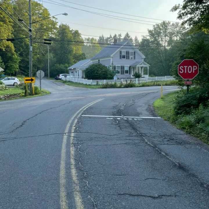 The intersection of Depot Road, Long Hill Road, and Amherst Road in Leverett