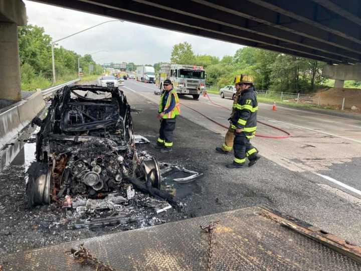 A Tuesday morning car fire in Northampton County shut down an overpass bridge on Route 33 for the resulting investigation, crews said.