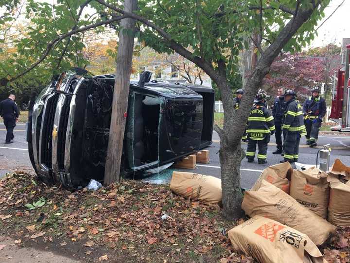 The driver was injured in a rollover crash on Mill Plain Road in Fairfield on Tuesday.