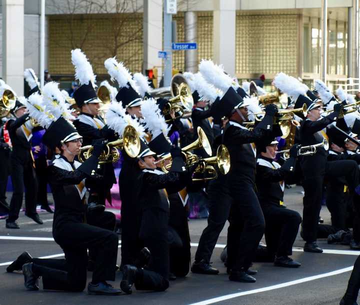 The Trumbull High School Golden Eagle Marching Band wows the crowds at the Stamford Downtown Parade Spectacular.