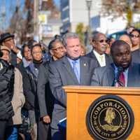 <p>Yonkers City Councilman Christopher Johnson announcing the naming of Winston K. David Place.</p>