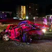 <p>One of the vehicles involved in a three-car crash.</p>