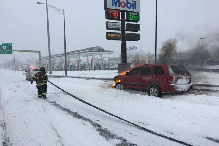 Car Bursts Into Flames During Snowstorm Near I-95 Rest Area In Fairfield