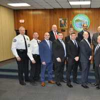 <p>Back row: Councilman Gould, Councilman Cancel, Councilman Soto &amp; Councilman Gamboli.
Front row: Lt. Lund, Lt. Kaye, P.O. Ruben Berrios, P.O. Joshua Anderson, P.O. Joseph Privitera, P.O. Daniel Anfang, Supervisor Phillips, Chief Murphy &amp; Lt. Gould</p>