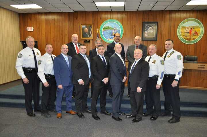 Back row: Councilman Gould, Councilman Cancel, Councilman Soto &amp; Councilman Gamboli.
Front row: Lt. Lund, Lt. Kaye, P.O. Ruben Berrios, P.O. Joshua Anderson, P.O. Joseph Privitera, P.O. Daniel Anfang, Supervisor Phillips, Chief Murphy &amp; Lt. Gould