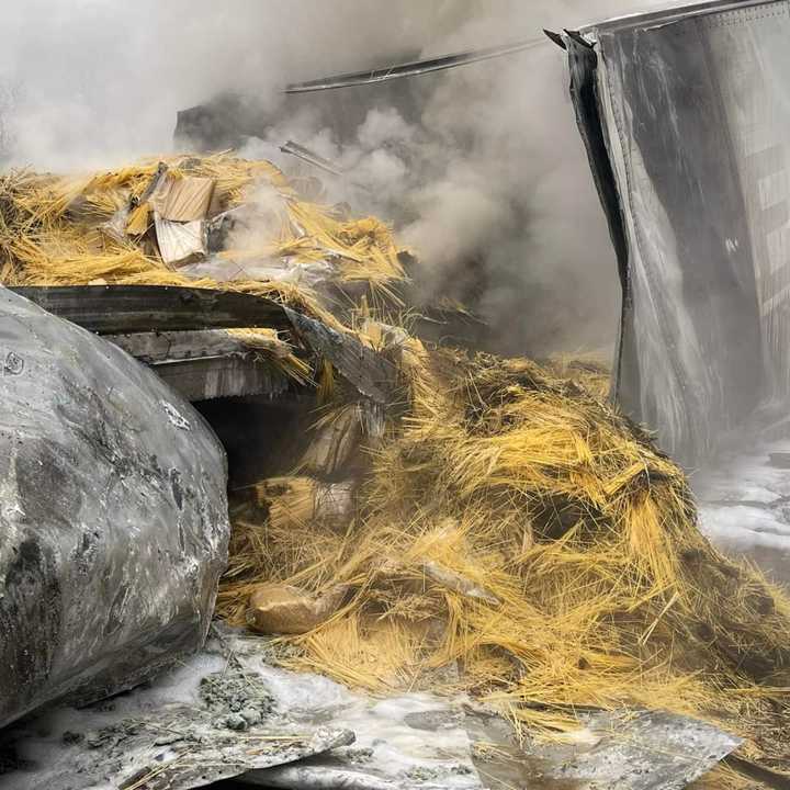 A tractor-trailer hauling pasta went up in flames on Route 80 eastbound Monday morning, authorities said.