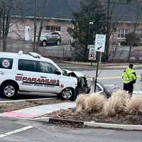 <p>Paramus EMS vehicle downs utility pole on East Midland Avenue.</p>