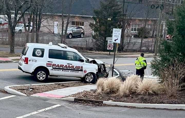 Paramus EMS vehicle downs utility pole on East Midland Avenue.