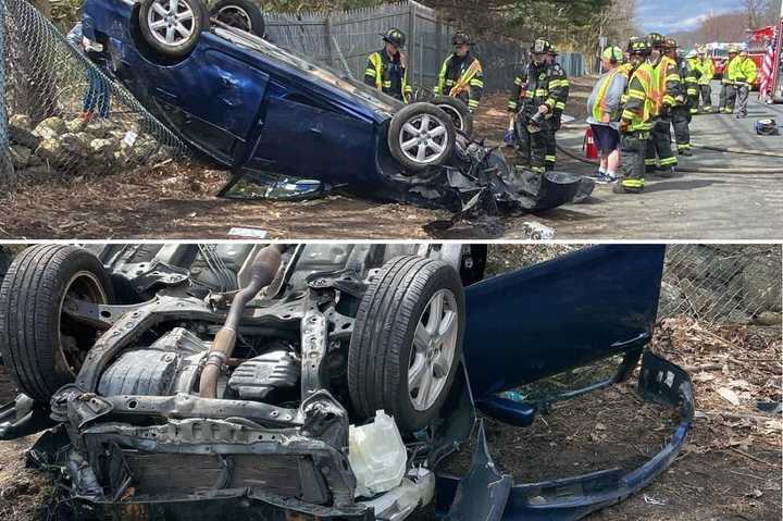 Upside-down Toyota Corolla on southbound Route 208 in Wyckoff.