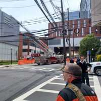 <p>Fire on roof of Hackensack University Medical Center.</p>