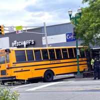 <p>School bus slams into Carly&#x27;z Craze on Cedar Lane in Teaneck.</p>