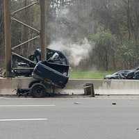 <p>The Ford truck ended up on the Route 287 divider, its cab on one side of the highway and bed on the other.</p>