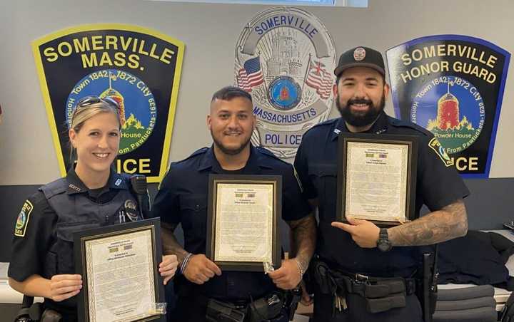 The Somerville Police Department awarded commendations to officers Mackenzie Richardson, Alex Lorenti, and Joseph Moreira after they found several weapons in a man&#x27;s house during an arrest earlier this year.