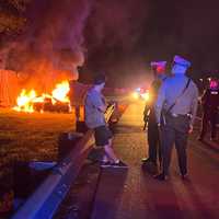 <p>At the scene of the fiery crash on the southbound Garden State Parkway in Saddle Brook.</p>