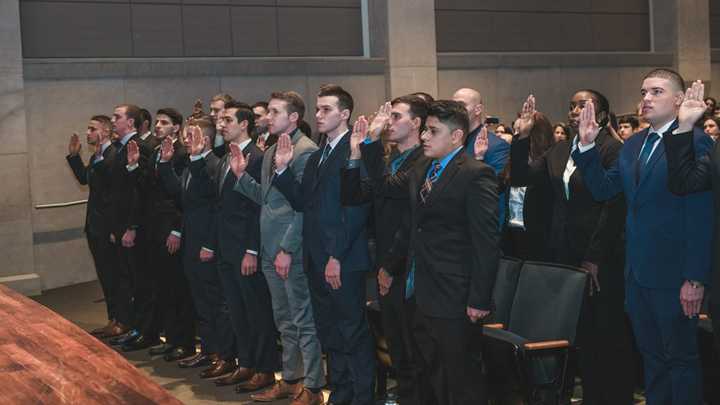 The 25 new Yonkers police recruits being sworn in during a special ceremony.