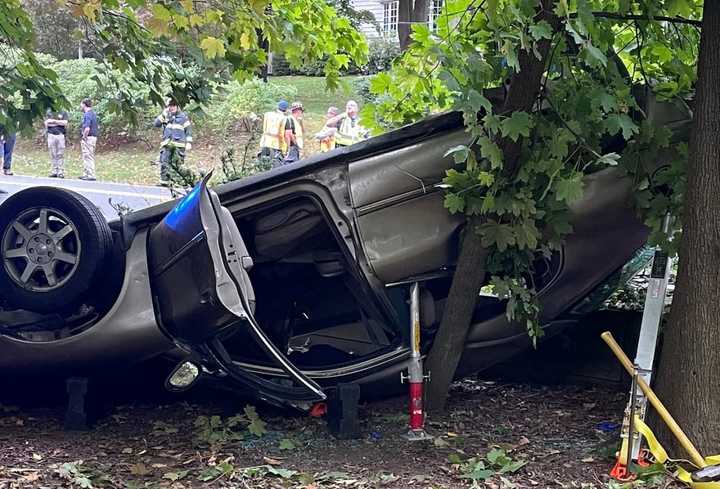 At the scene of rollover crash on Franklin Avenue in Wyckoff.