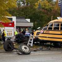 <p>The scene of the school bus crash into a Taco Bell sign in Forest Hills.</p>