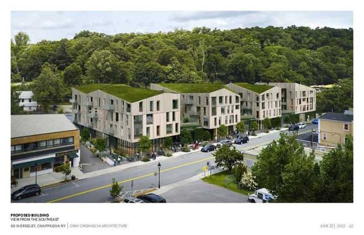 A rendering of the proposed mixed-use development that would be located in Chappaqua at 50 North Greenley Ave.