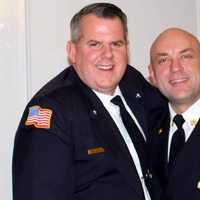 <p>Fire Capt. Basil Pizzuto with past Fire Chief Christopher Sloma, who said his longtime close friend &quot;is and always will be a beacon of light.&quot;</p>